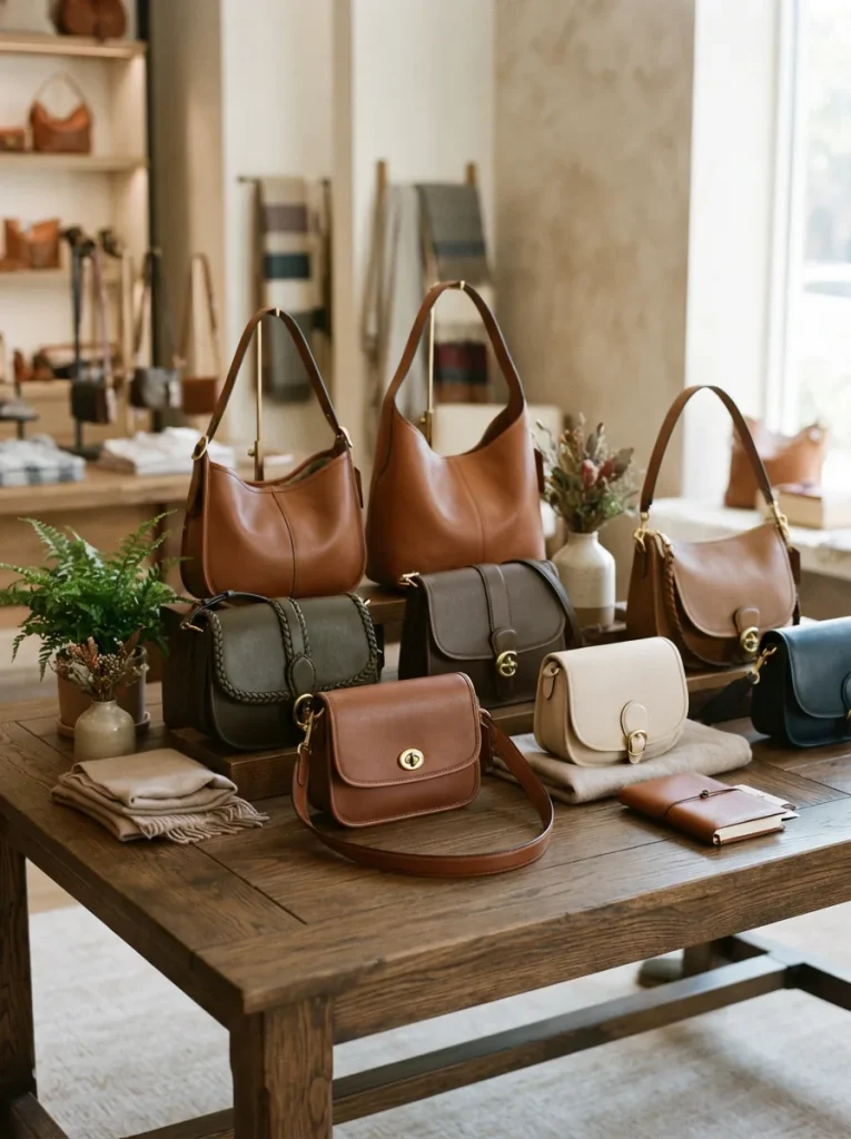 Coach women's handbags displayed on a light surface, showcasing leather textures and timeless designs.