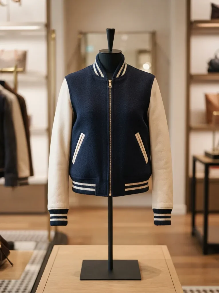 A Coach wool varsity jacket displayed on a mannequin in a stylish boutique setting, showcasing the category's essence.