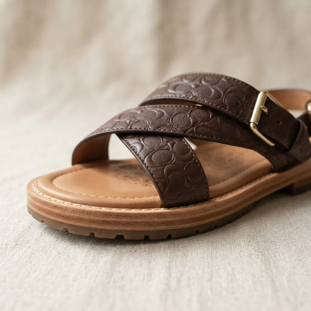 Close-up of the Coach Brynn sandal, emphasizing the leather texture and signature details on the straps.