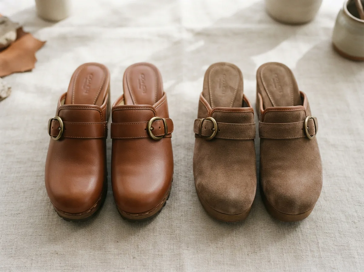 Side-by-side comparison of Coach clogs highlighting materials and designs.