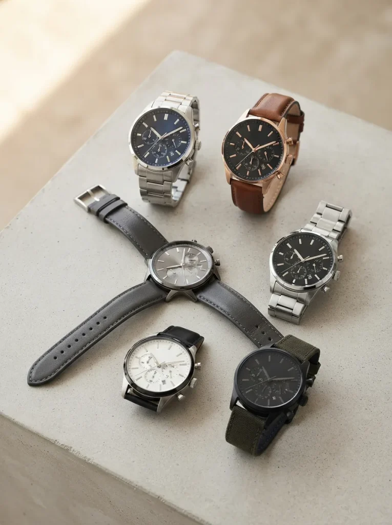 A curated display of Coach Men's Charter Chronograph Watches on a dark, textured surface.