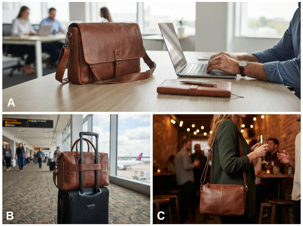 Diverse scenes showing Coach brown bags in different use cases.