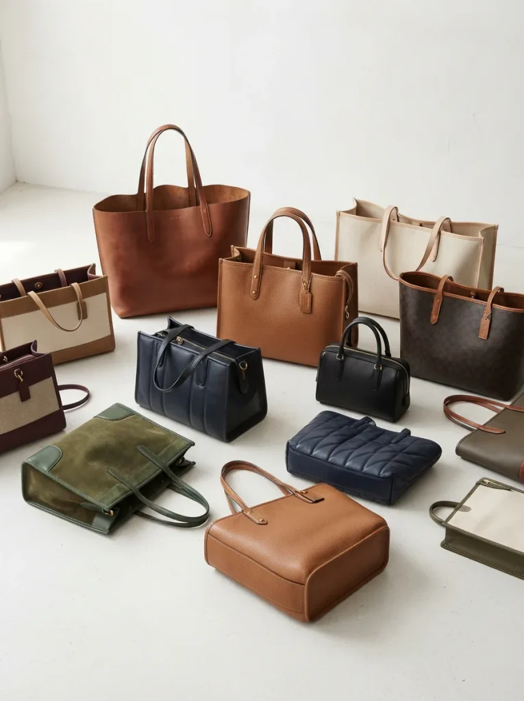Assortment of Coach tote bags in leather and canvas, displayed elegantly on a surface.