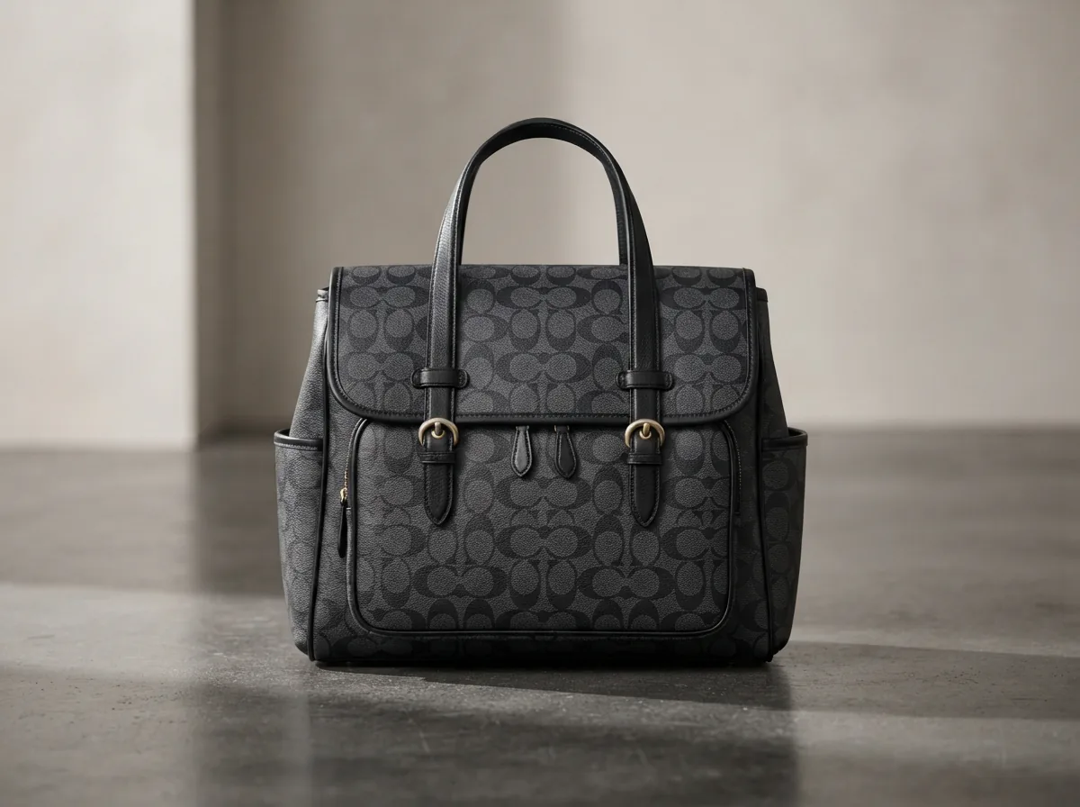 Coach black signature diaper bag displayed prominently on a neutral background.
