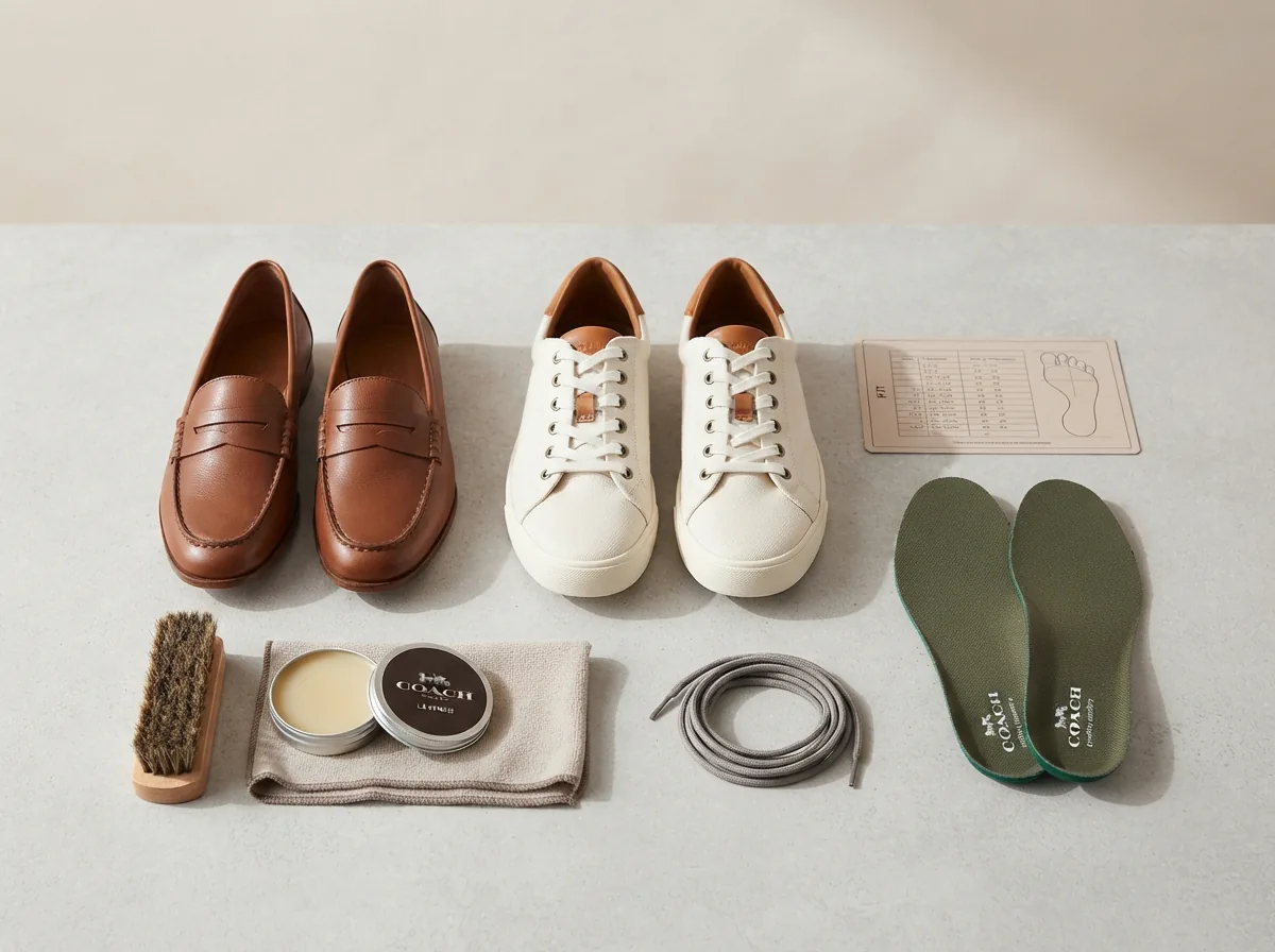 A set of Coach shoes arranged with care instructions and comfort features visible.