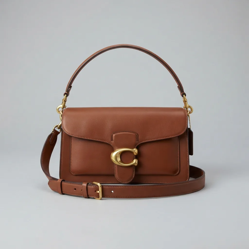 Coach Tabby Shoulder Bag 26 in brown leather with brass hardware on a neutral background.