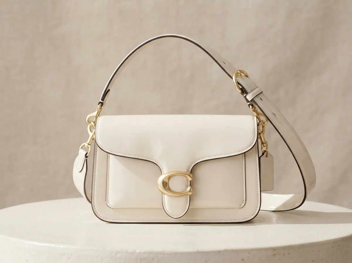 Ivory patent leather Coach Tabby Shoulder Bag 26 with a glossy finish on a elegant backdrop.