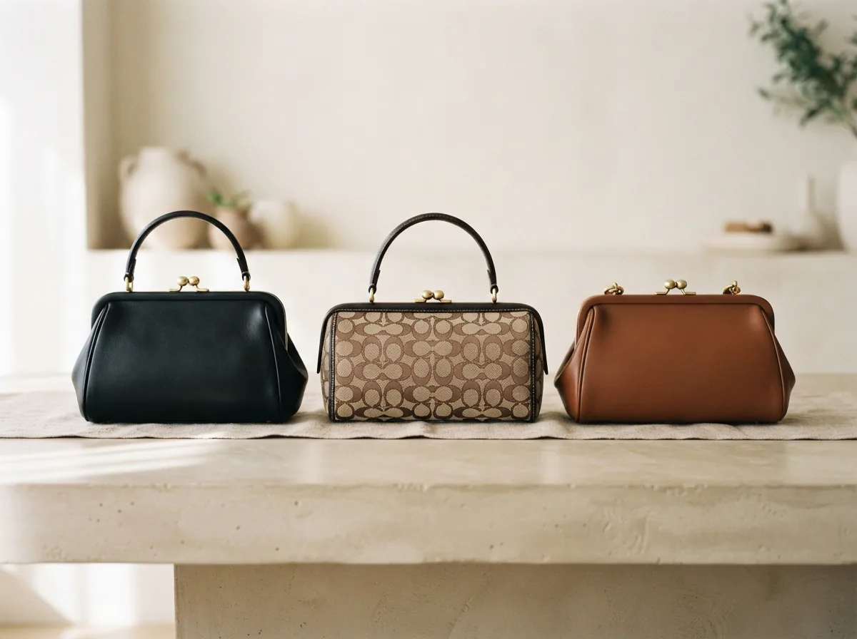 A comparison scene of Coach Kisslock Bags in various sizes and materials arranged on a display table.