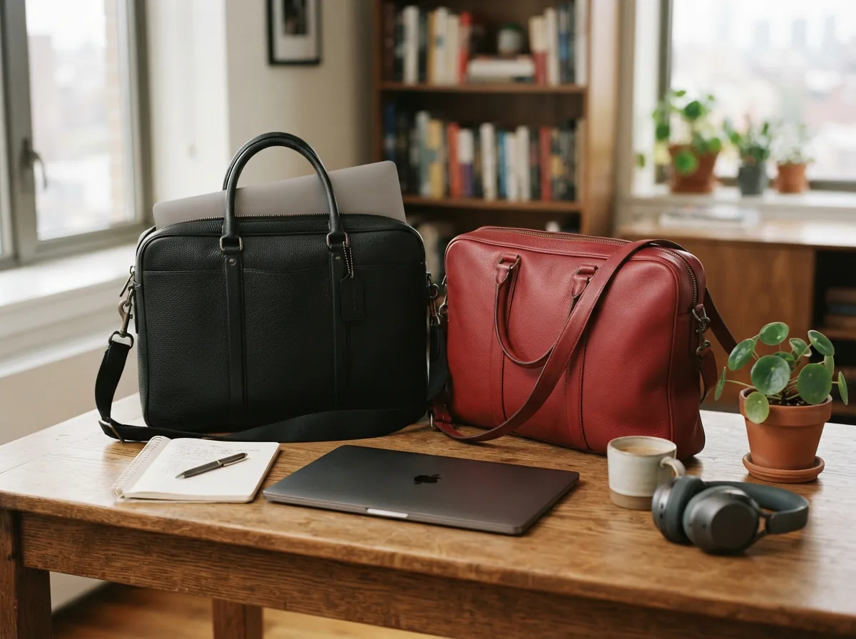A scene depicting the use cases for black and red Coach laptop bags in different settings, such as office, travel, and casual environments.