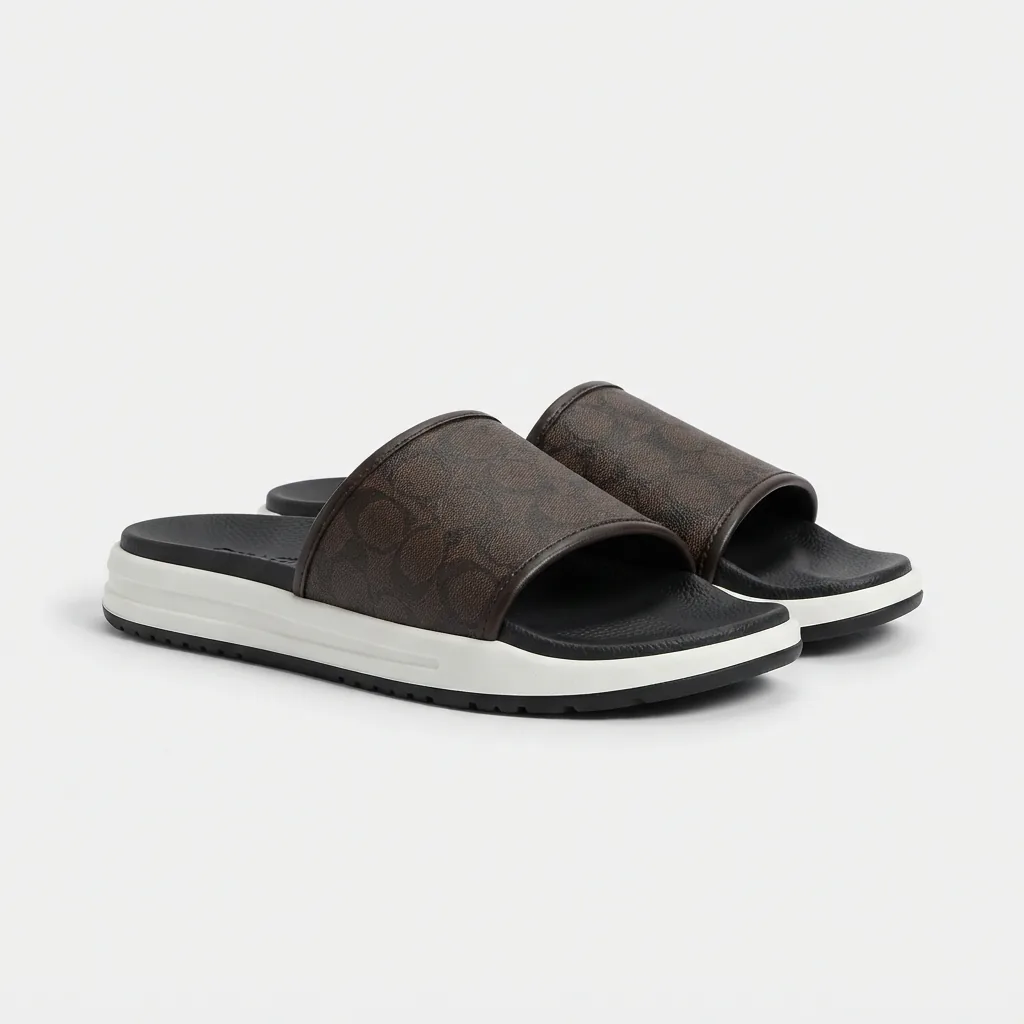 Coach Udele Sport slides in signature canvas, displayed to show the pattern and sole details.