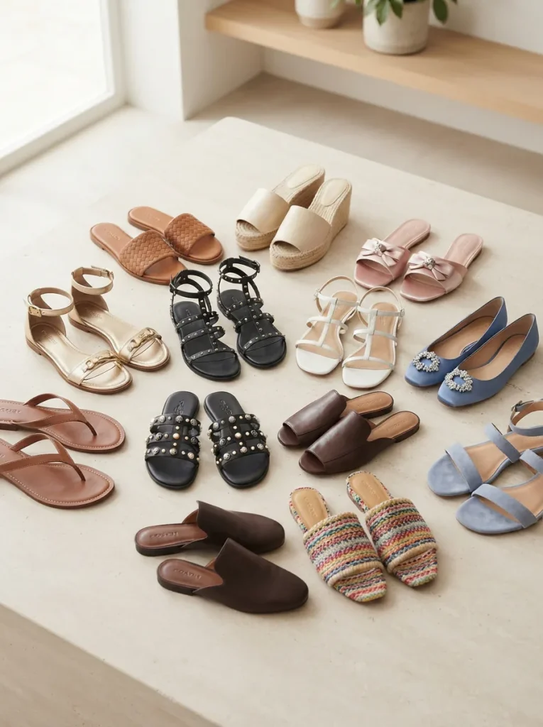 A stylish display of various Coach sandals on a minimalist background, showcasing different designs and materials.