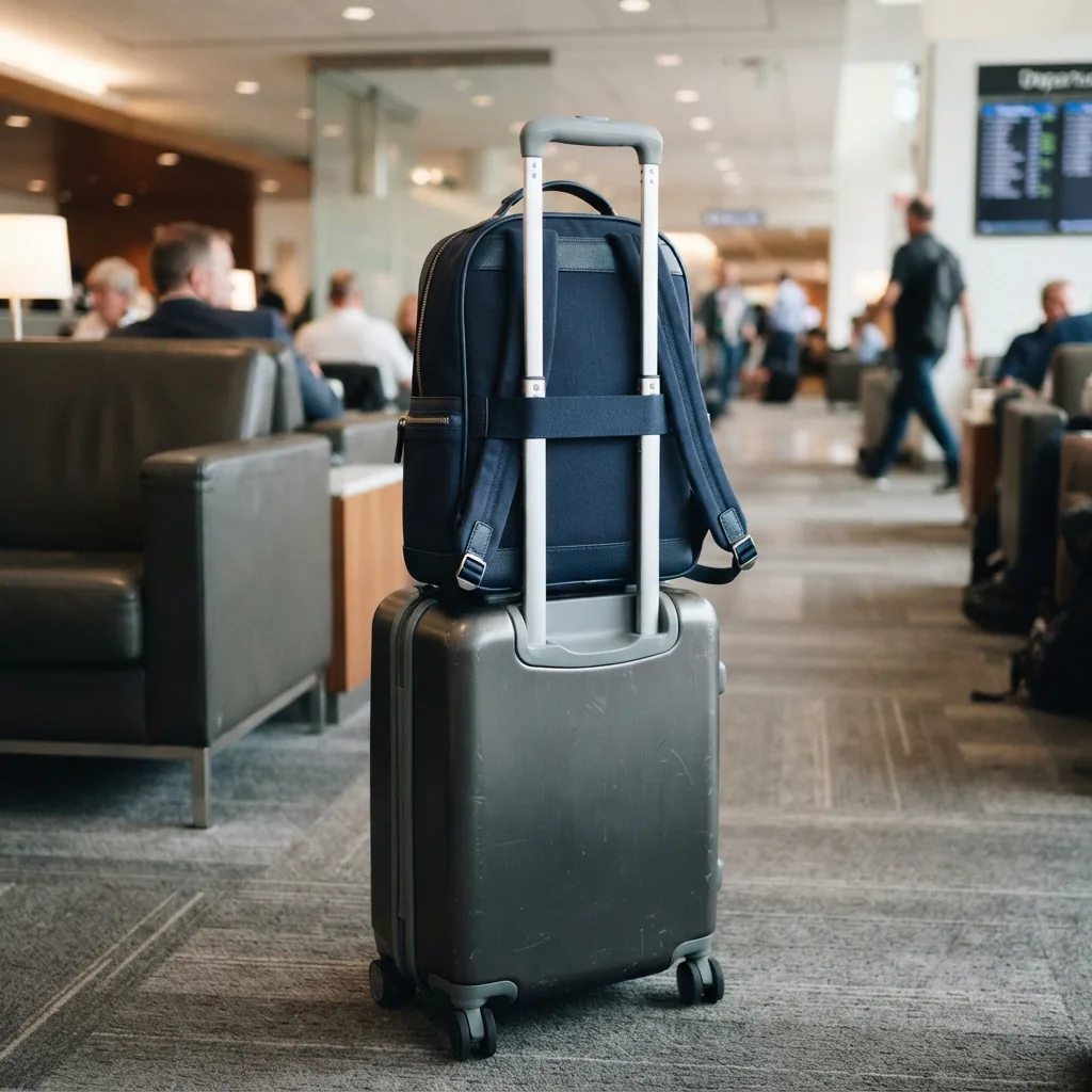 Wade Backpack in a travel context, suitcase sleeve highlighted.