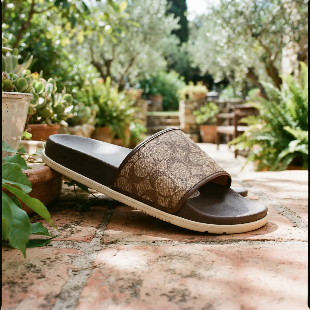 Coach Pool Slide In Signature Canvas sandal in a casual outdoor setting.
