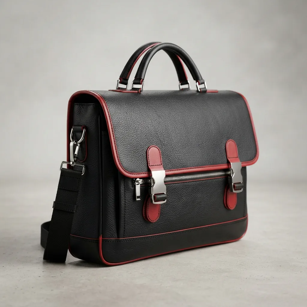 A close-up view of the black and red Coach laptop bag, emphasizing its sleek design, leather texture, and vibrant color combination.