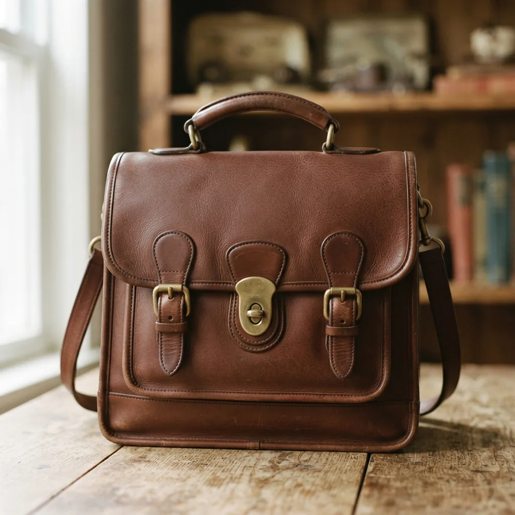 Vintage Coach Leather Satchel with brass hardware, displayed to show its structured form and quality materials