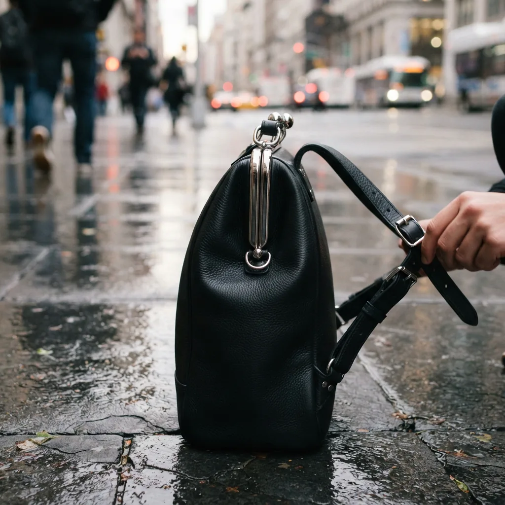 Kisslock Backpack shown in a modern urban environment, highlighting metallic accents.