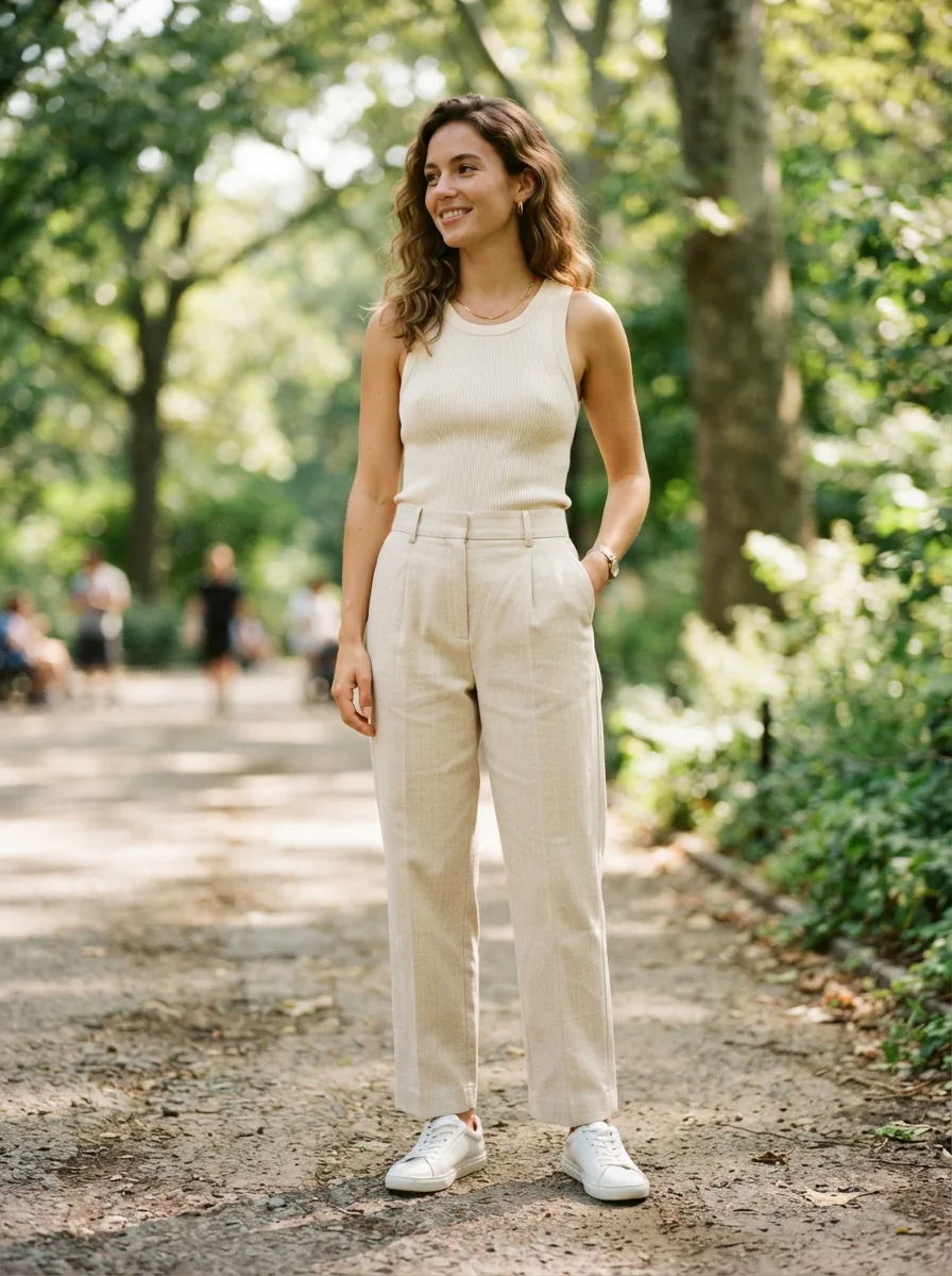 Coach pants on a model in a natural setting, highlighting the C Loom weave and relaxed fit.