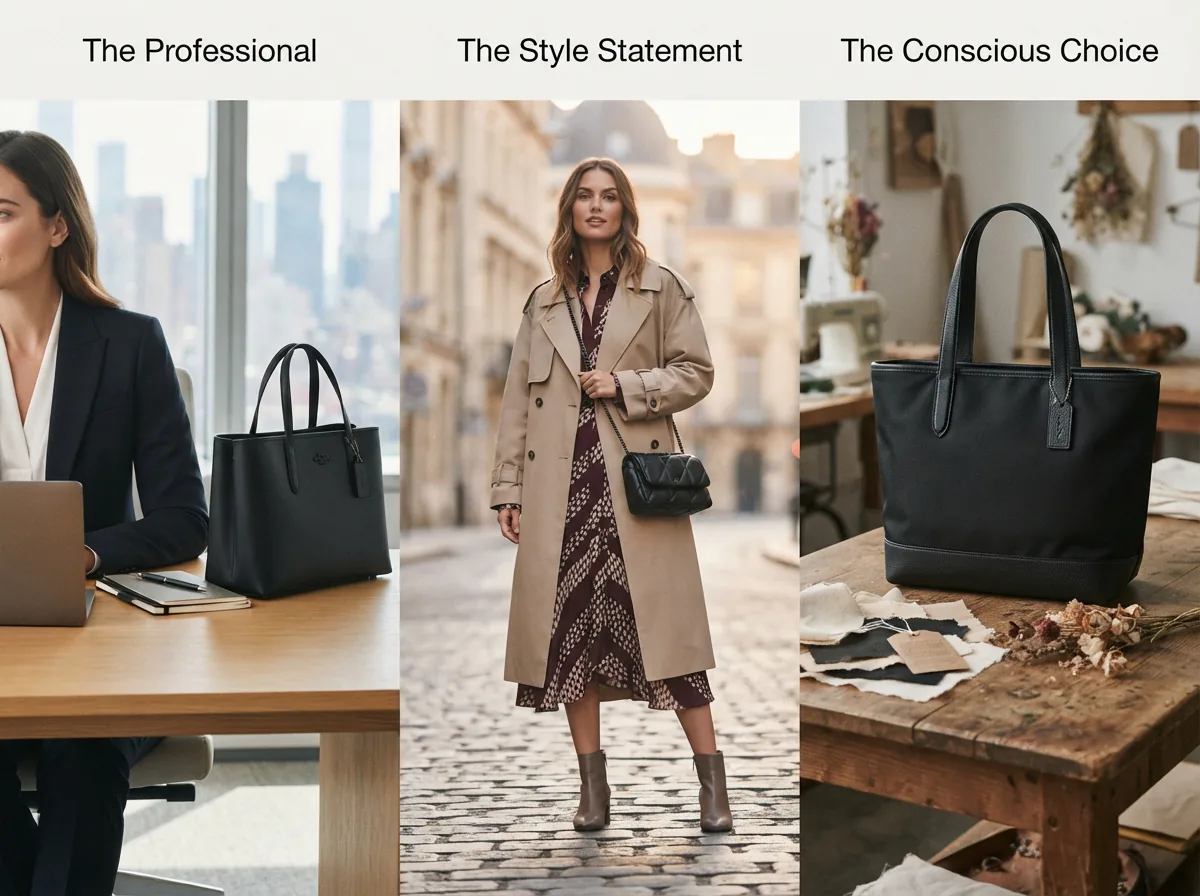 Scenarios for using Coach black handbags: commuting, fashion, sustainability.