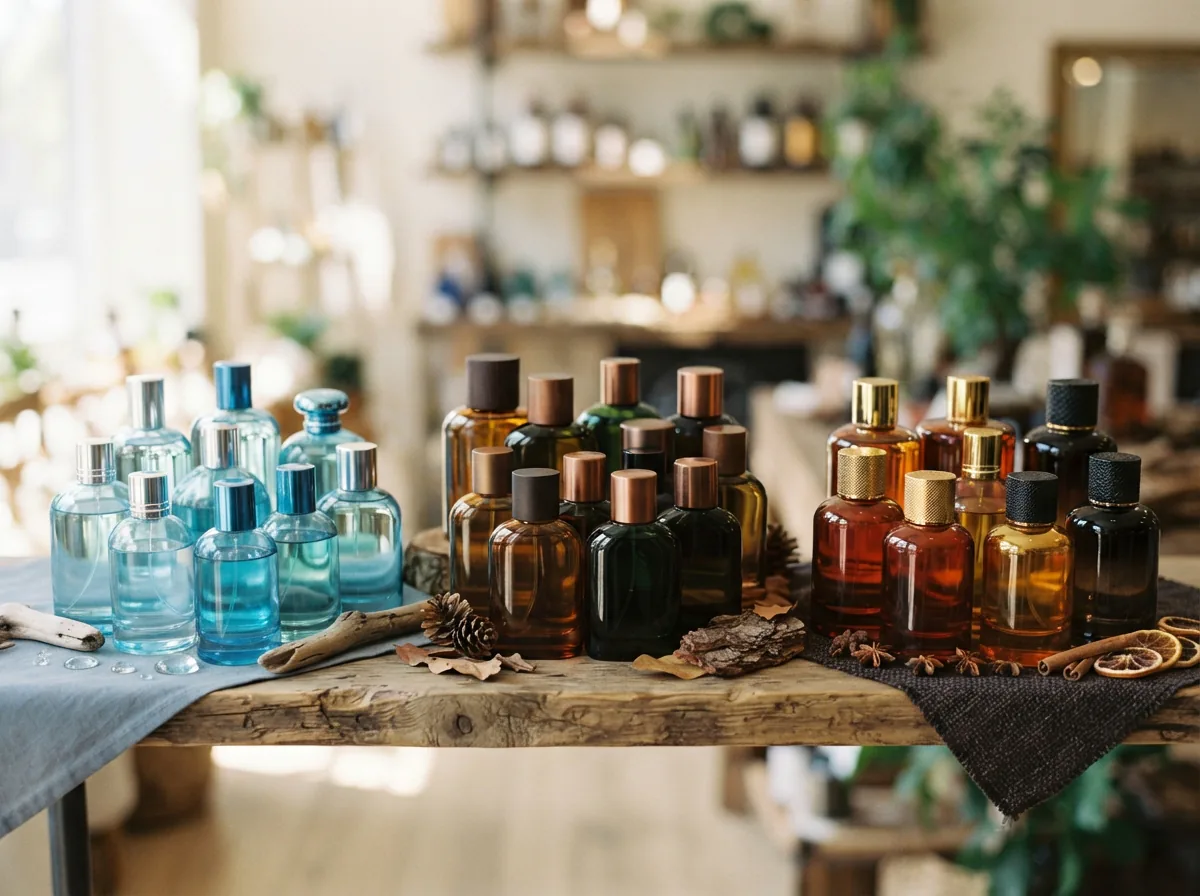 An overview of Coach cologne bottles representing different fragrance families like aquatic and woody.