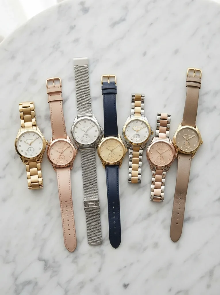 An elegant arrangement of Coach Women's Reese watches on a marble surface.