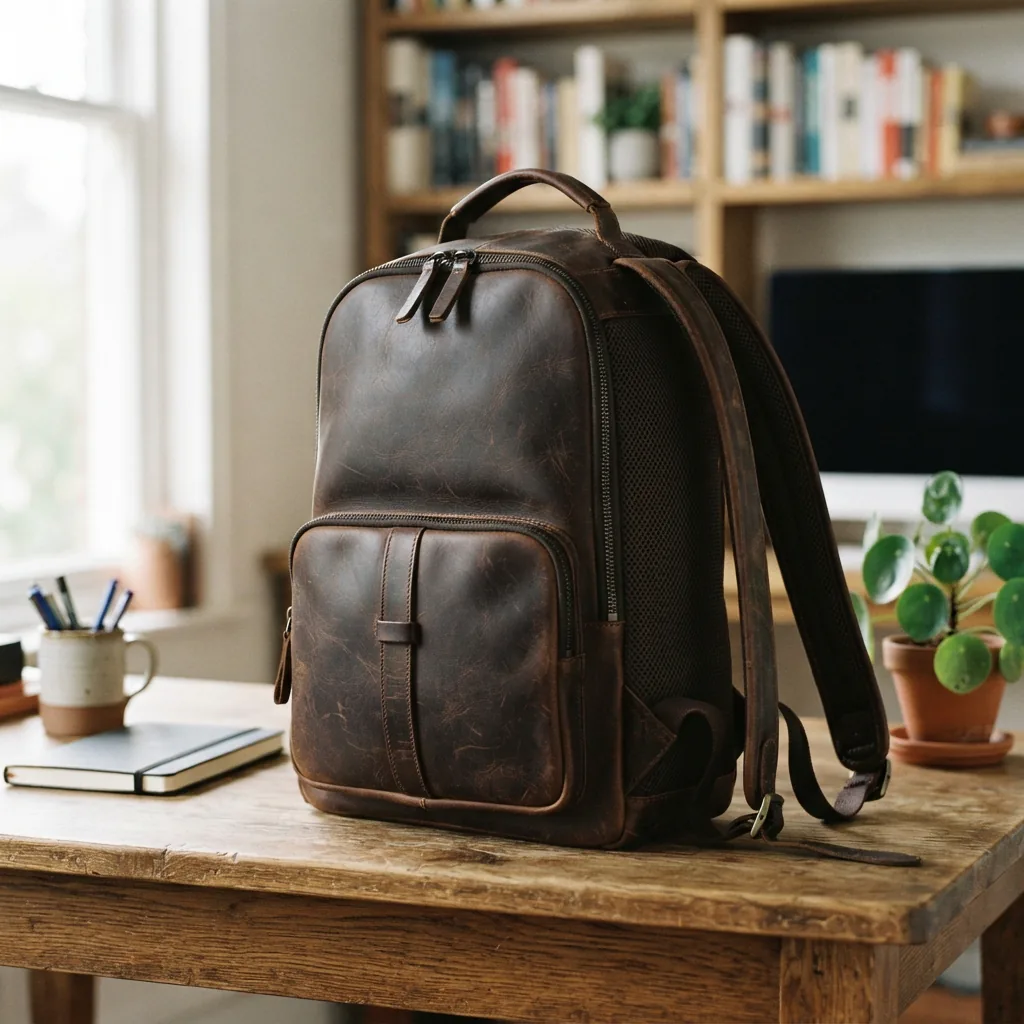 Gotham Backpack placed on a desk with work items, showing leather and mesh details.