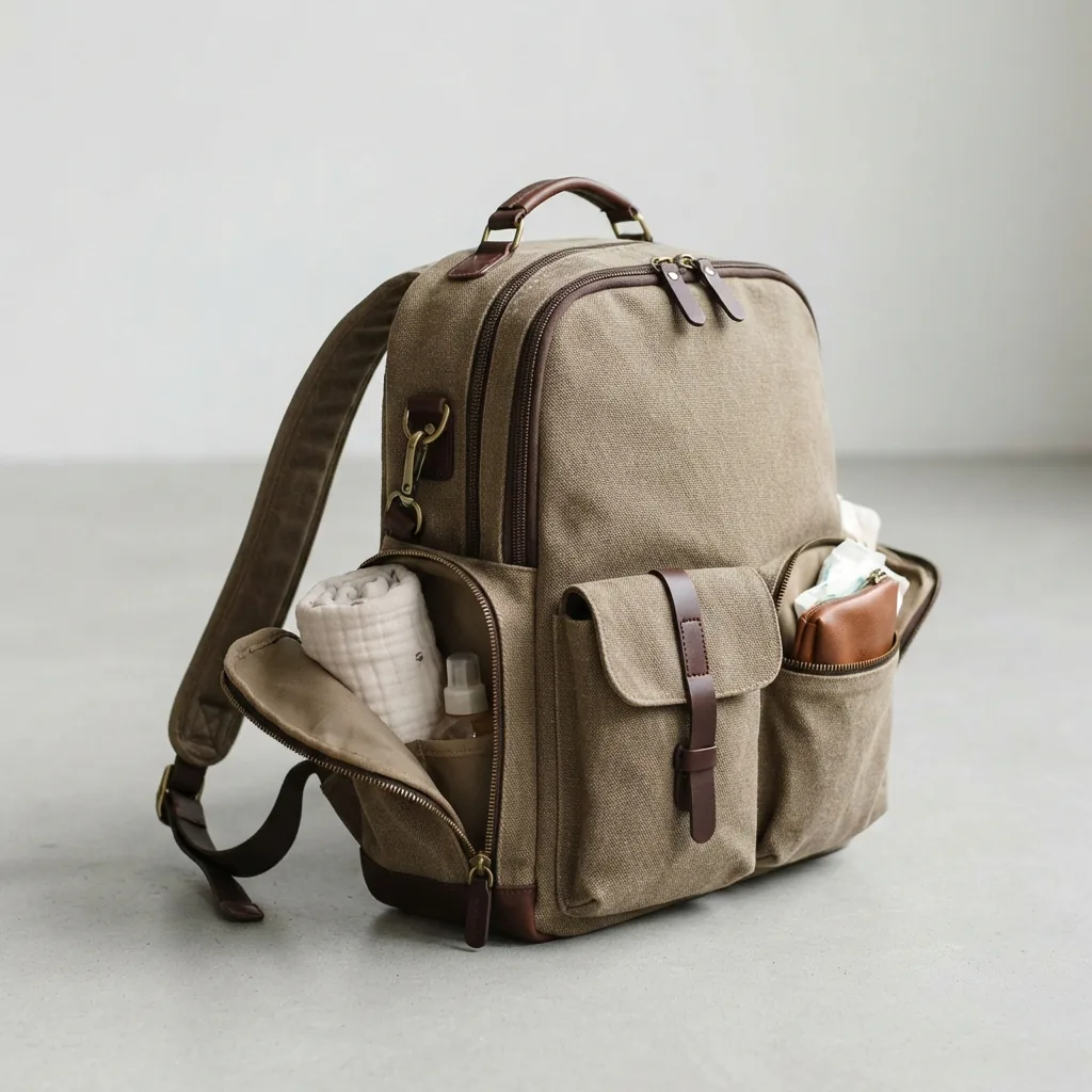 Coach baby backpack diaper bag in signature canvas with compartments visible.