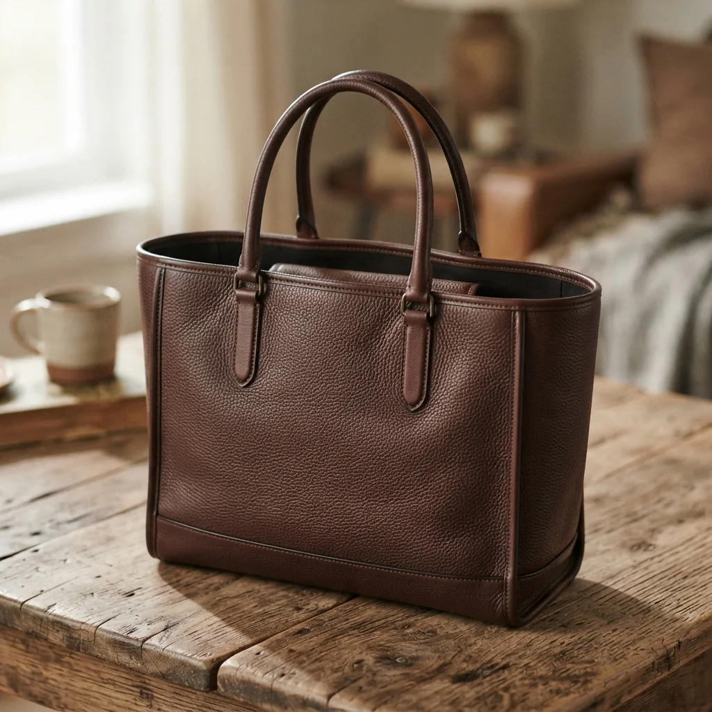 Coach City Tote Bag in rich leather, displayed on a wooden table with natural light accentuating its texture.