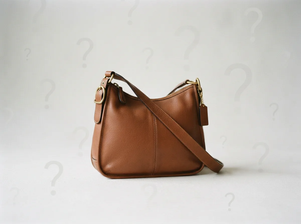 Iconic Coach bag in brown with question marks symbolizing FAQs.