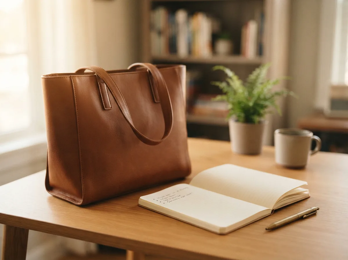 Illustrative scene of a Coach tote bag with FAQ elements like a guidebook.