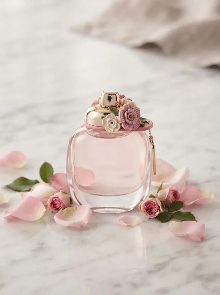 Coach Floral Eau De Parfum bottle with floral accents on a marble surface.