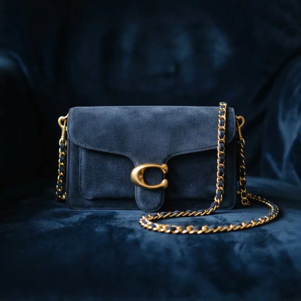 Navy suede Coach Tabby Shoulder Bag 26 with gold chain strap in a sophisticated setting.