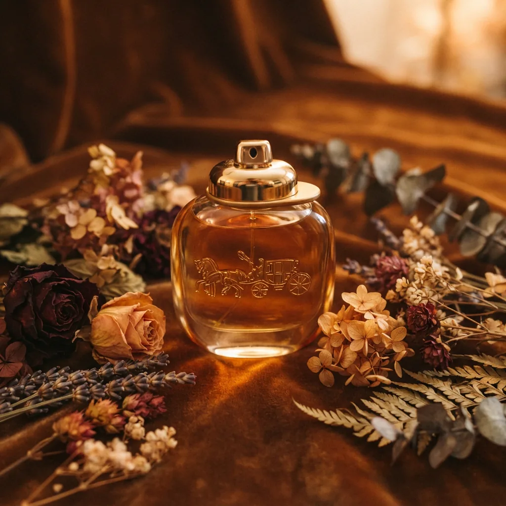 Coach Gold Parfum bottle displayed with golden accents and leather-inspired background.