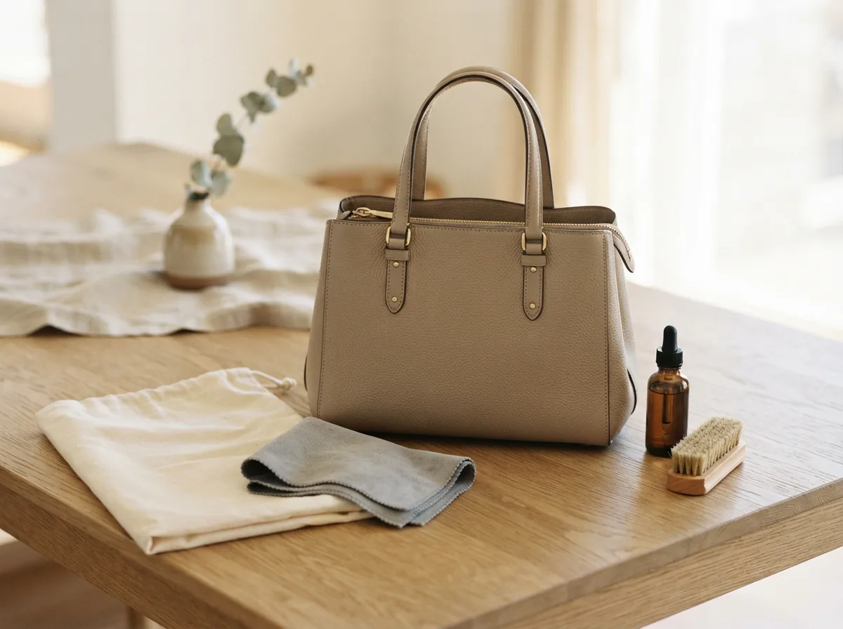 A collection of Coach purses with care tags and accessories for the FAQ scene.