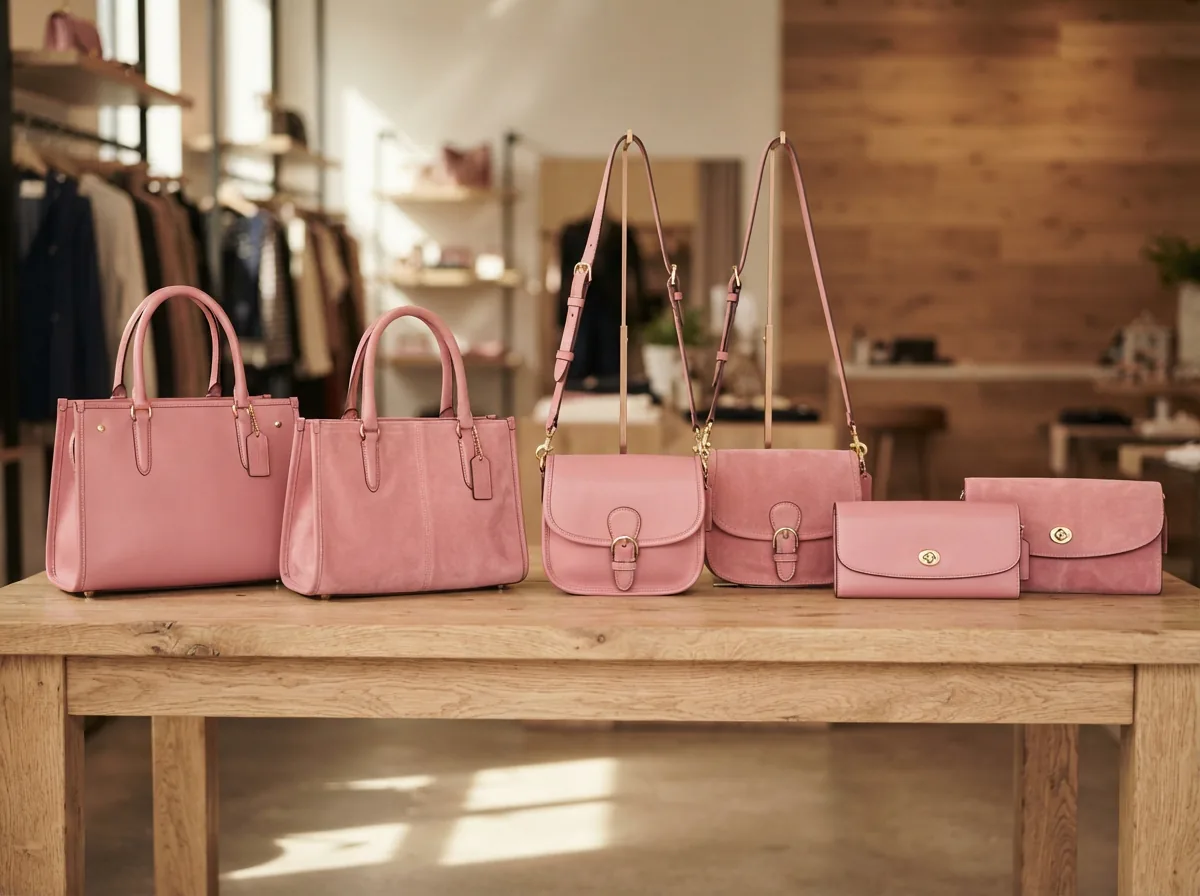 Comparison of pink Coach bags in leather and suede, various sizes like tote, crossbody, and clutch.
