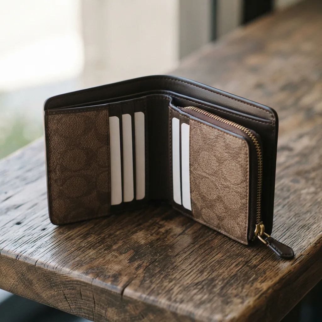 Coach Signature Mini Wallet in coated canvas with leather trim, open to display card slots.