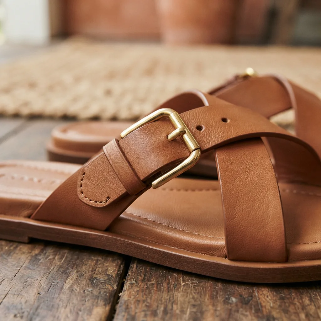 Coach Crisscross Buckle Sandal in a dynamic pose.