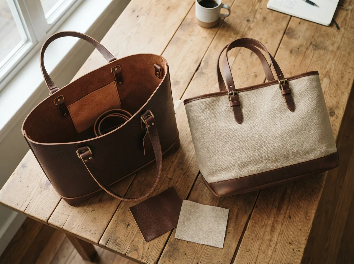 Comparison scene of Coach tote bags highlighting leather and canvas materials.