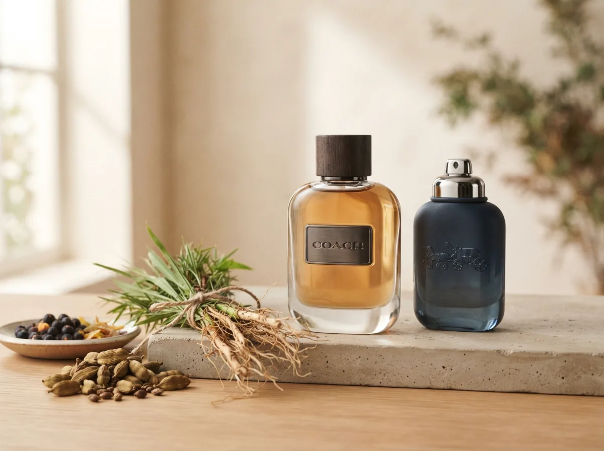 A supportive scene with Coach cologne bottles and notes elements like wood and citrus on a clean background.