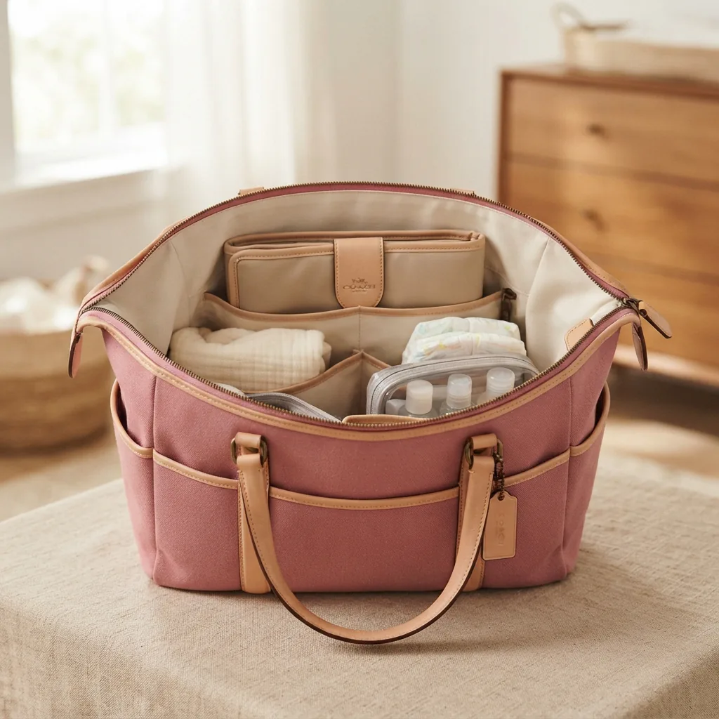 Coach pink diaper bag tote displayed with a changing pad nearby.