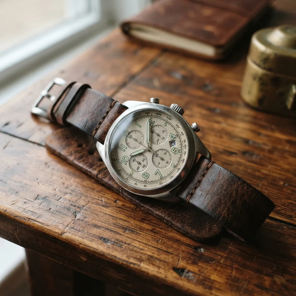 Coach Charter Men's Automatic Chronograph Watch with leather strap on a wooden background.