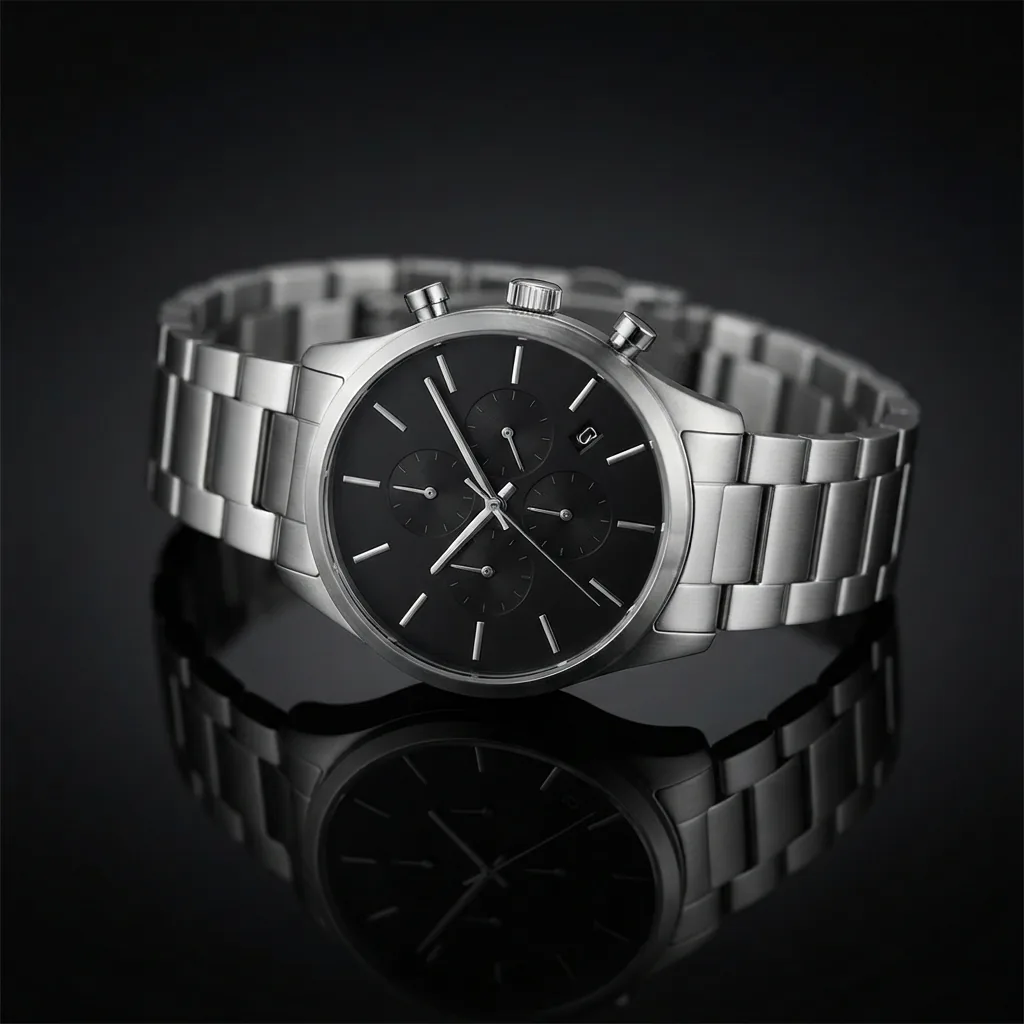 Coach Charter Men's Quartz Chronograph Watch with stainless steel bracelet displayed on a reflective surface.