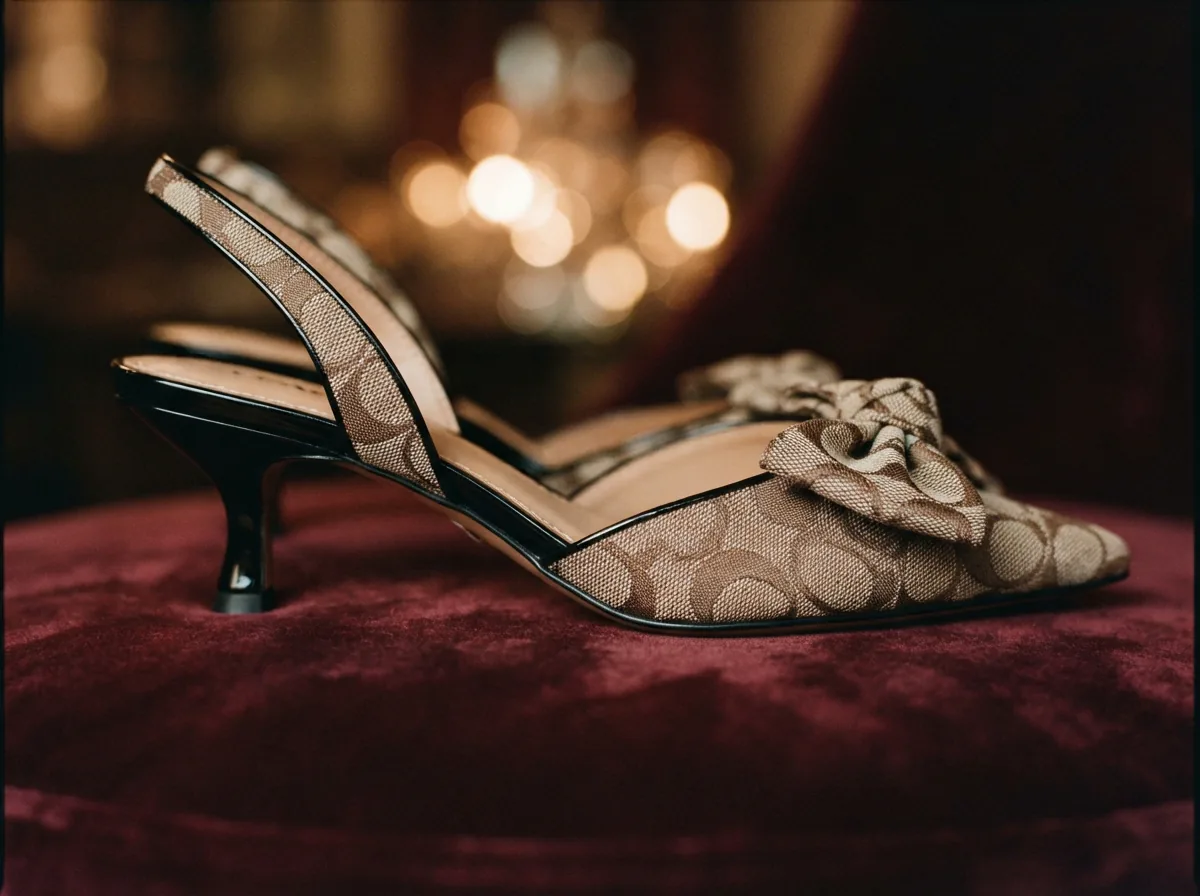 Coach Bow Kitten Heel Sandal In Signature Jacquard in an elegant setting.