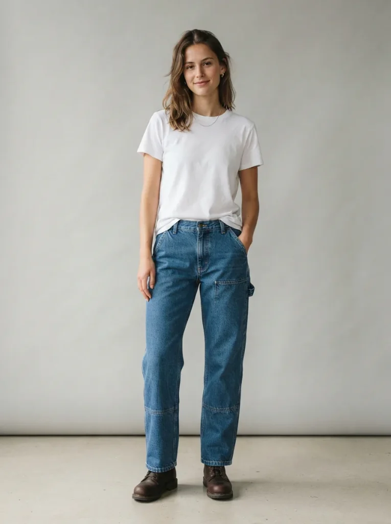 Full view of the blue denim carpenter pants on a model in a neutral setting.