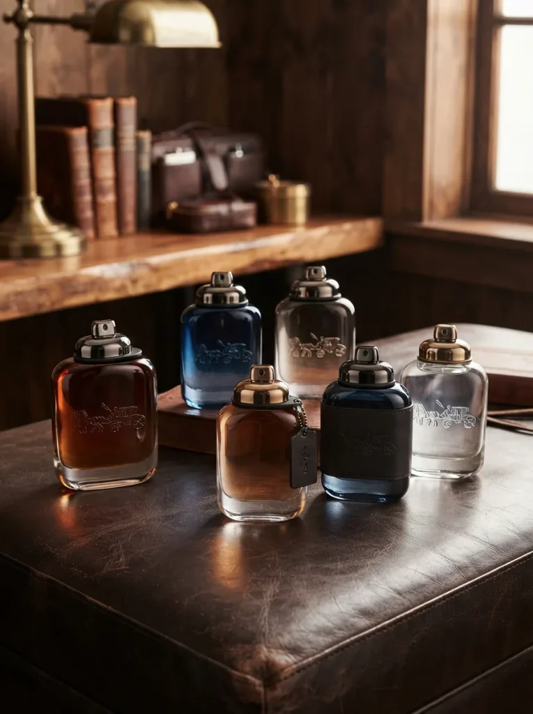 An elegant display of Coach cologne bottles with leather and wood elements in a sophisticated setting.