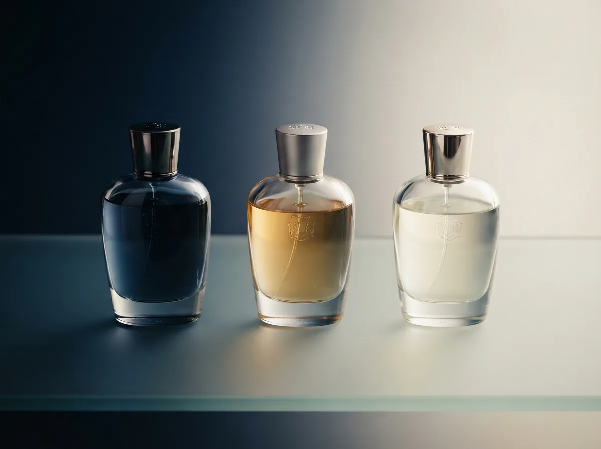 A lineup of Coach perfume bottles representing different concentrations, from parfum to eau de toilette.