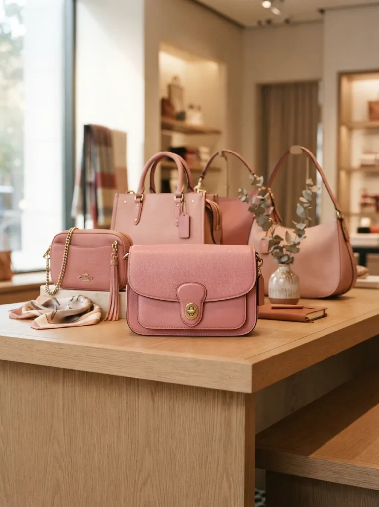 Elegant display of pink Coach handbags on a sleek surface.