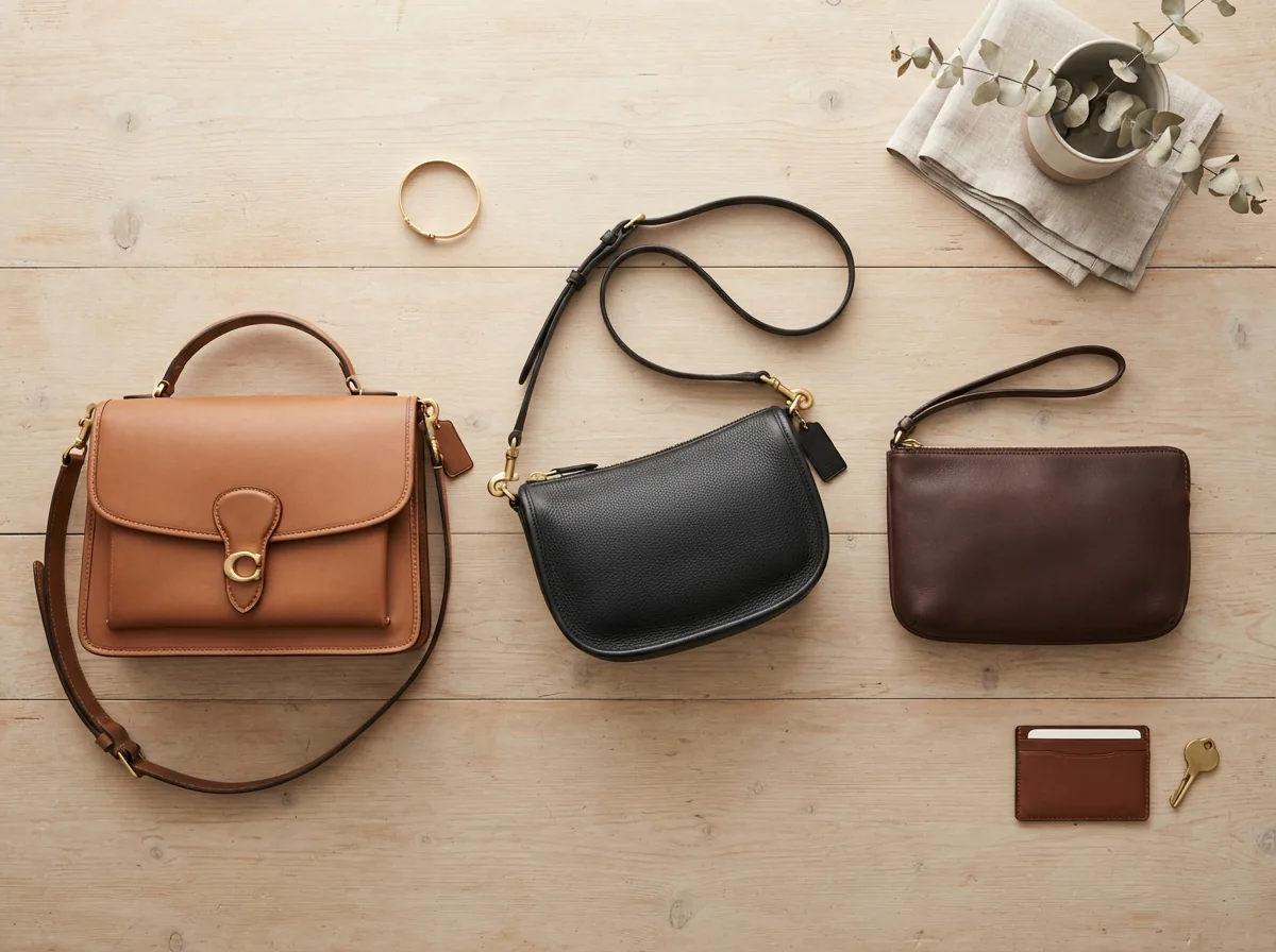 A flat lay composition showing three distinct Coach bag silhouettes: a shoulder bag, a crossbody, and a wristlet.