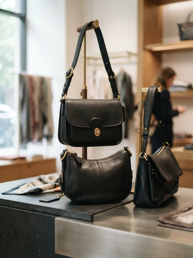 Assortment of Coach black leather handbags including Tabby, Chelsea, and Brooklyn styles.