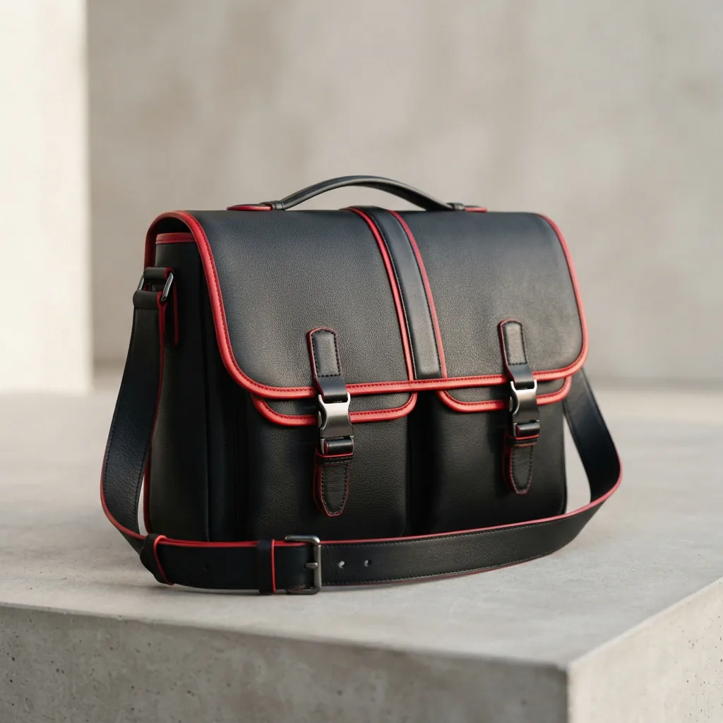 A detailed shot of the red accented Coach messenger bag, displaying its black leather base, red accents, and messenger-style design.