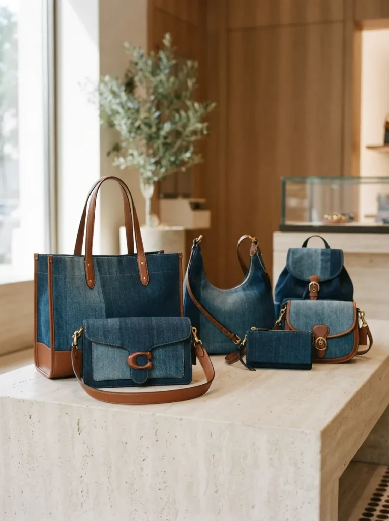 A stylish display of various Coach denim bags arranged on a minimalist surface, showcasing different styles and textures.